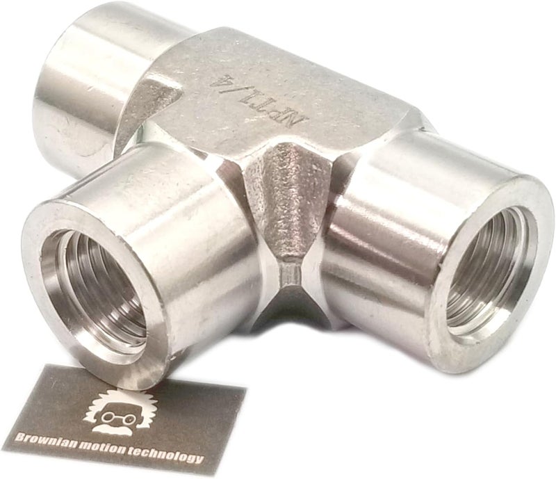 BROWNIAN MOTION TECHNOLOGY Equal Tee block SS304 with 3 Female NPT FNPT 1/4" 0.25" connections, threaded holes, stainless steel 304 forged pipe fittings,1/4" x 1/4" x 1/4" FNPT (Pack of 1pc) - Image 1